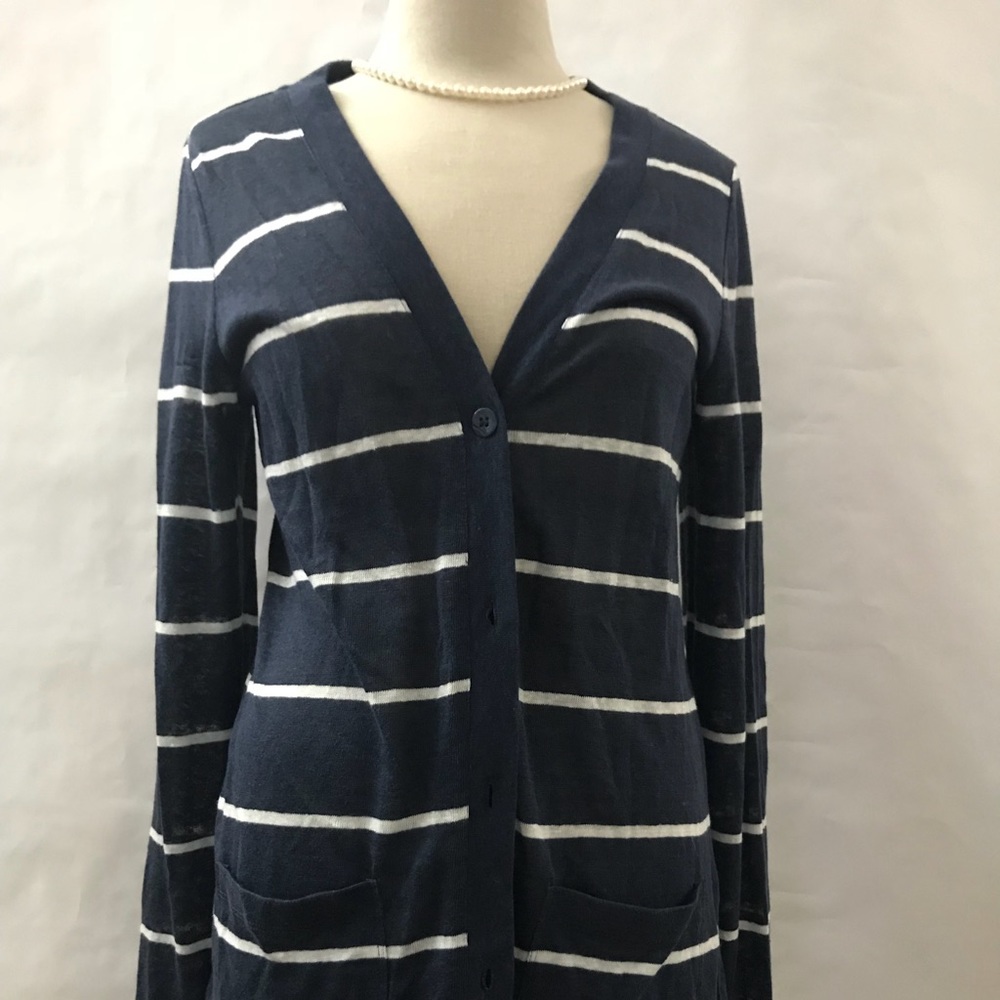 Navy/white, girlfriend cardigan 100% linen, medium
